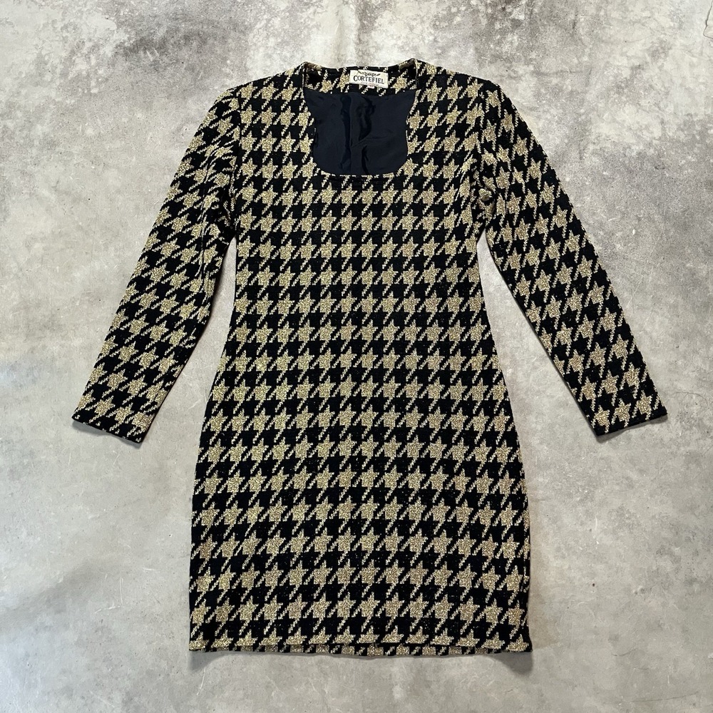 Cortefiel Dress Womens Size 10 EU 42 Black Gold Houndstooth Long Sleeve Mini